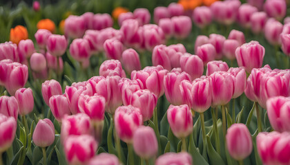 Field of pink and orange tulips
