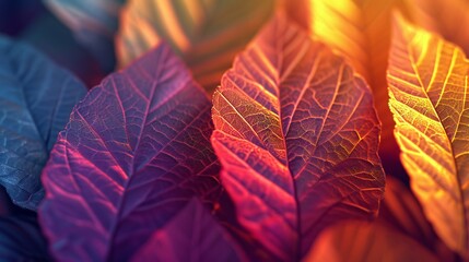Textured Tranquility: Close-up leaf textures, a tranquil background in calming hot and cold tones.