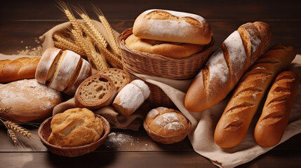 Different types of bread in the bakery. Various bakery products. Handmade Bakery Delights.