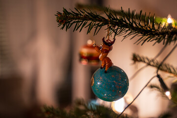 Christmas Tree in close up view with seasonal decorations