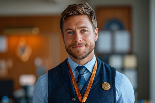 Smiling Man in Vest and Tie, Wearing Monthly Event Badge Generative AI