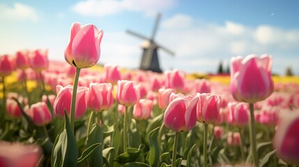pink tulips, dutch windmill in the background