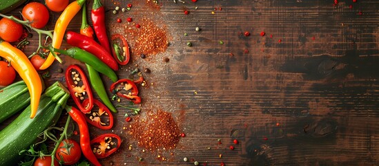 Wooden background with green and yellow paprika, tomato, zucchini, and chili peppers, sprinkled with chili powder.