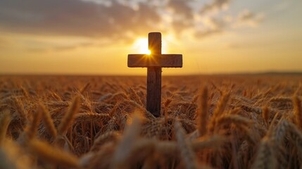 Cross in the Field: A Rustic, Timeless Symbol for Easter Generative AI - obrazy, fototapety, plakaty