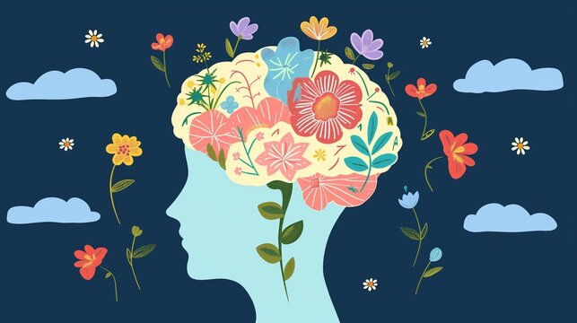Mental well-being, featuring a human head silhouette filled with a vibrant brain and flourishing botanical motifs, set against a tranquil dark blue nocturnal sky dotted with delicate clouds.