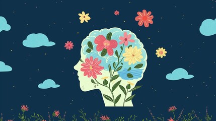 Mental well-being, featuring a human head silhouette filled with a vibrant brain and flourishing botanical motifs, set against a tranquil dark blue nocturnal sky dotted with delicate clouds.