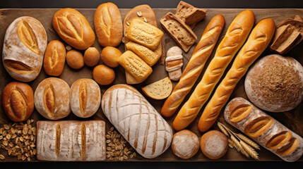 Different types of bread in the bakery. Various bakery products. Handmade Bakery Delights.