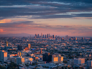 City of Los Angeles skyline at sunset. Aerial view from Hollywood Hills.