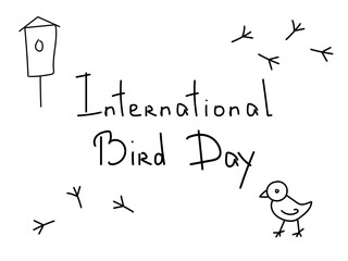 black and white logo of the International Bird Day.Doodle bird and birdhouse