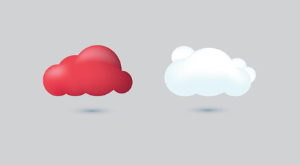 3d red and white clouds render of a clouds set isolated on a grey background. Soft round cartoon fluffy clouds mock up icon. 3d geometric shapes vector illustration
