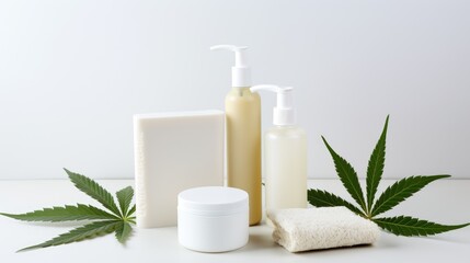 Obraz na płótnie Canvas Organic cosmetic and beauty product for body and face care with hemp leaf extract. Bottle of face or body cream and hemp marijuana leaves. Trendy hemp cosmetics and green leaves