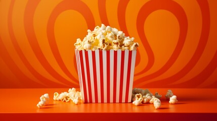 A striped red and white box with popcorn on an orange background with a copy space. Cinema, Entertainment and food concepts.