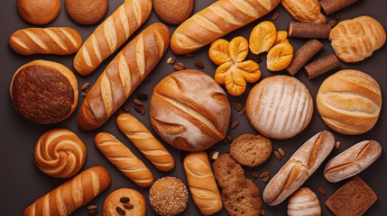 Different types of bread in the bakery. Various bakery products. Handmade Bakery Delights. - obrazy, fototapety, plakaty