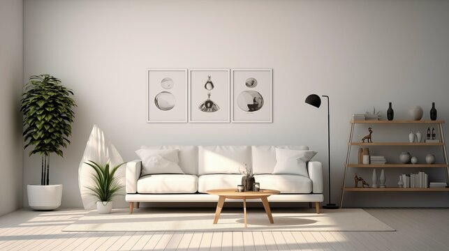 A modern white living room with a picture border on wall.