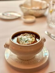French dinner onion soup in a bowl