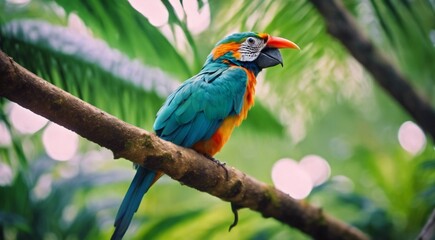 Fototapeta premium colored beautiful bird sitting on the tree in the jungle, colored wild bird, colored wild bird sitting on the branch of tree in jungle