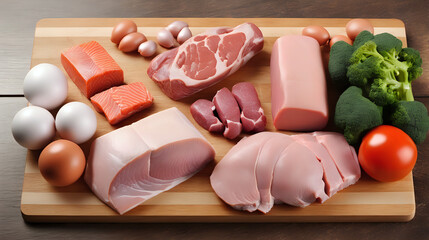 Protein food, milk, meat, fish meat, egg, chicken meat, soybean on wooden board, 3d style