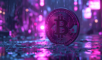simple cyberpunk style bitcoin symbol, pink and purple neons on dark background.