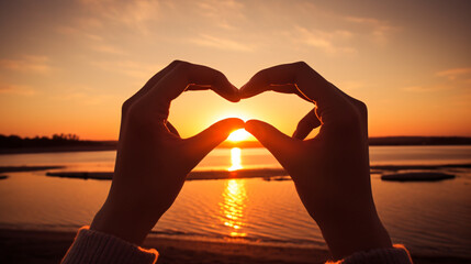 Lovers creating heart shape at sunrise 