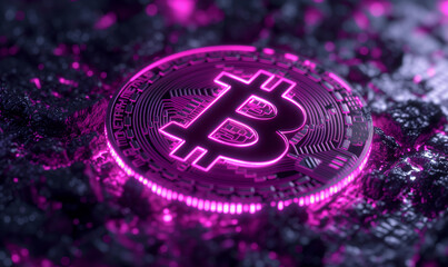 simple cyberpunk style bitcoin symbol, pink and purple neons on dark background.