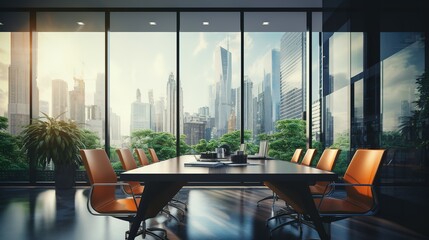 meeting room with a large conference table and large windows view an office. - obrazy, fototapety, plakaty