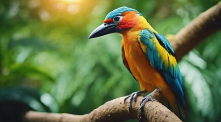 colored beautiful bird sitting on the tree in the jungle, colored wild bird, colored wild bird sitting on the branch of tree in jungle