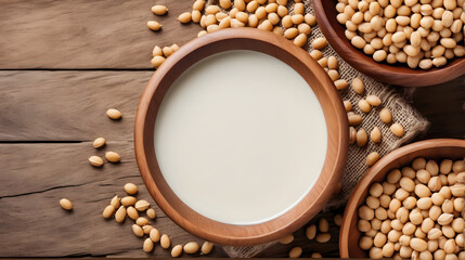 Soybeans in wooden bowl with glass of soy milk on wooden table, top view, copy space