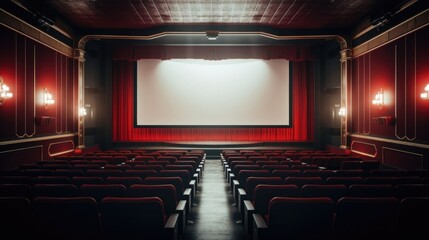 Classic red cinema seats facing a large empty screen in a vintage movie theater.