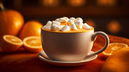 Obraz na płótnie Canvas Marshmallow filled hot chocolate in an orange cup
