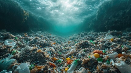 Impact of Plastic Waste on Oceans. Plastic waste piles on beaches or in oceans, highlighting their...