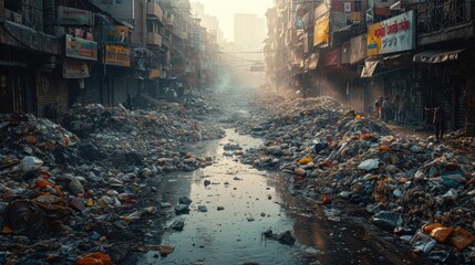 A visual representation of trash piles in urban environments. - obrazy, fototapety, plakaty