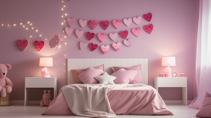 Pink bedroom interior decorated for valentines day