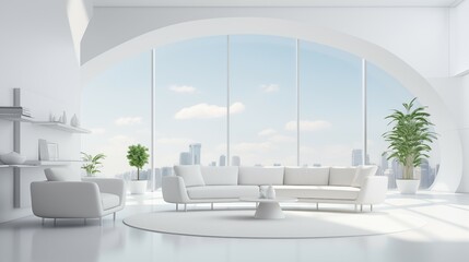 The airy arch window view with a sofa in modern living room.