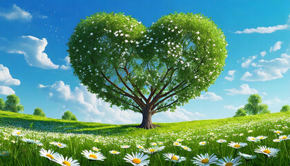 Heart shaped tree with green leaves on a green meadow with many daisy flowers against a clear blue sky with clouds. Generative Ai.