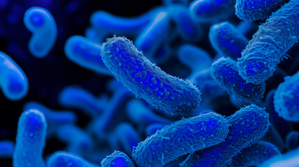 Detailed microscopic view of luminous blue bacteria on a dark background.
