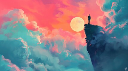 grungy noise texture art, brave adventurer on mountain peak at cliff edge high with cloudscape, successful theme, whimsical fantasy fairytale contemporary creative illustration, Generative Ai