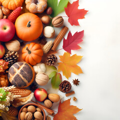 Fototapeta premium Thanksgiving food and fall natural graphic design around the border with copy space