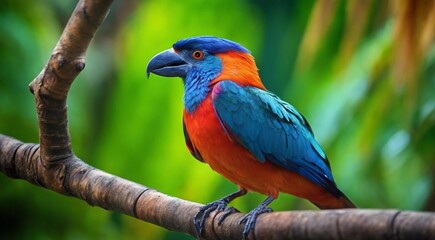 colored beautiful bird sitting on the tree in the jungle, colored wild bird, colored wild bird sitting on the branch of tree in jungle