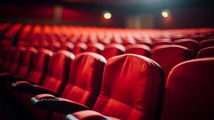 A row of empty red chairs in the cinema hall. Theater, Cinema, Entertainment, Culture concepts. - obrazy, fototapety, plakaty