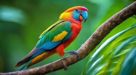 colored beautiful bird sitting on the tree in the jungle, colored wild bird, colored wild bird sitting on the branch of tree in jungle