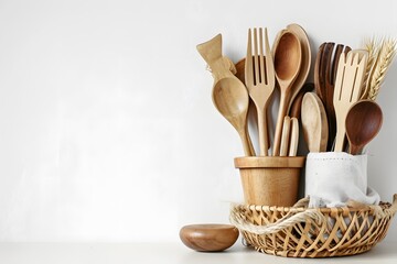 wooden kitchen utensils on wooden table, set of kitchen utensils on table against light background with space for text - obrazy, fototapety, plakaty