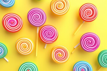 Rainbow-Colored Spiral Lollipops on White Sticks, Arranged in a Whimsical Pattern, on an Isolated Yellow Background, Generative AI