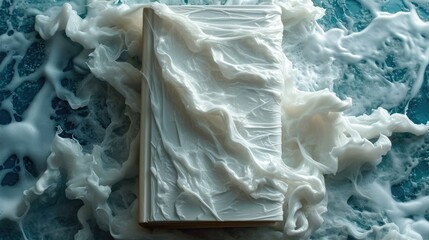 The white book is covered in a white liquid texture covering the entire frame. camera looking from above. Abstract background.