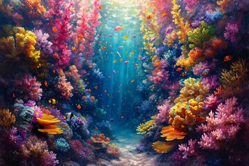 Obraz na płótnie Canvas Underwater Paradise: A Vibrant Tunnel of Colorful Coral and Schools of Fish Generative AI
