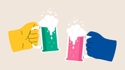Human hand holding a cup of beer,cheer,party,celebration. Colorful vector illustration