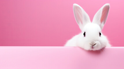 Rabbit Peeking Over Pink With Copy Space