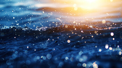 Blue sea water splash background with sunlight shining - obrazy, fototapety, plakaty