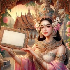 Young Asian girl with Thai traditional clothing chuttai dress holding blank sign with Generative AI.