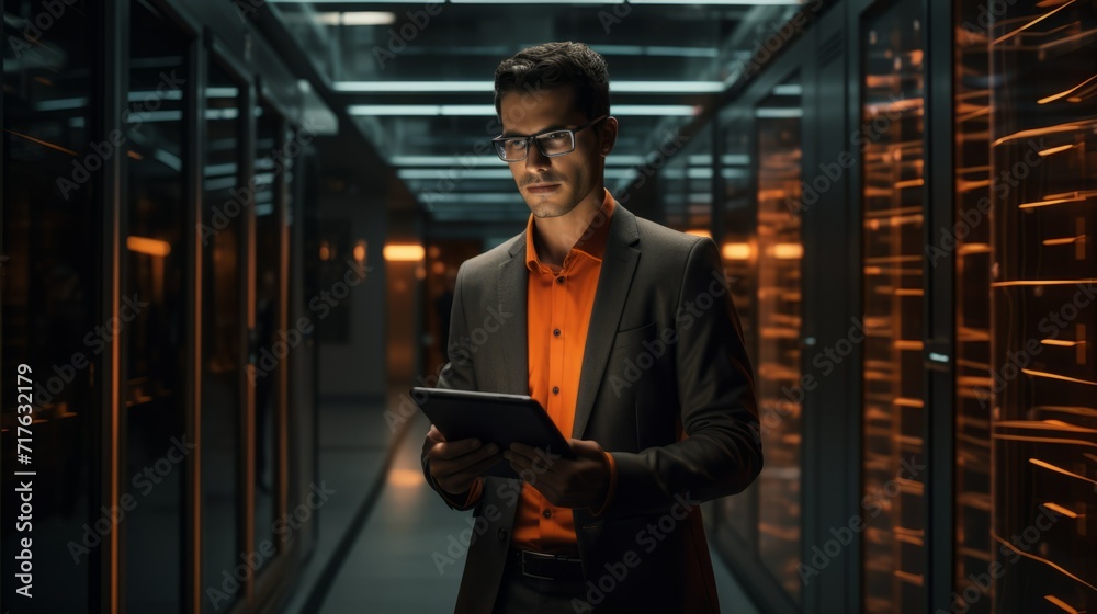 Poster An IT engineer fixes technical problems in the server room with a tablet in his hands. Modern technologies, Information, Cyber security, artificial intelligence concepts.