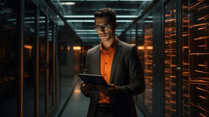 An IT engineer fixes technical problems in the server room with a tablet in his hands. Modern technologies, Information, Cyber security, artificial intelligence concepts.